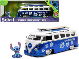 Volkswagen T1 Bus Candy Blue and White with Stitch Diecast Figurine and Surfboar - £41.15 GBP