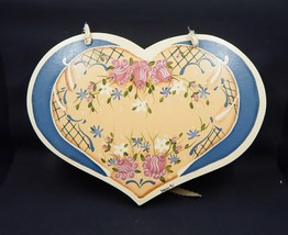 Hand Painted Pink Flowers Wooden Heart Wall Hanging Signed Blue - £12.61 GBP