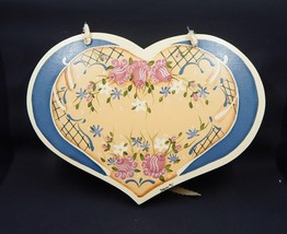 Hand Painted Pink Flowers Wooden Heart Wall Hanging Signed Blue - £12.01 GBP