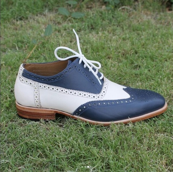 Men Blue White Cont Brogue Toe Wing Tip Oxford Genuine Leather Shoes US 7-16