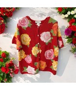 Susan Bristol Sweater Button Up Short Sleeve Size 1W Red Floral sequins ... - $48.73 CAD