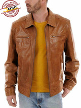 Biker Motorcycle Genuine Brown Leather Jacket For Men Slim Fit - £83.83 GBP