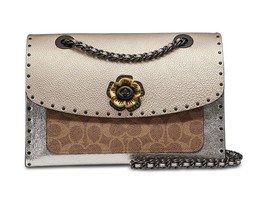 New COACH Signature Rivets Metallic &amp; Exotic Parker Shoulder Bag Tan Platinum - £329.13 GBP