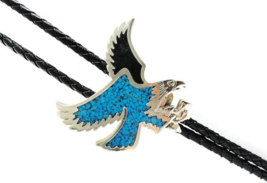 Inlaid Turquoise Eagle Bolo Neck Tie w Black Cord and Silver Tone Ends - £34.95 GBP