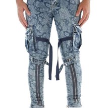 VALABASAS V39 Blue DENIM PAISLEY Cargo Straps Jeans Pants W32L32 - £47.88 GBP