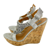 Cork Wedge sandals Silver Mesh Rhinestones Open Toe SZ 7.5 SH08 - $39.00