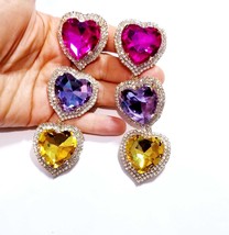 Colorful Rhinestone Heart, CLIP ON Earrings, Oversized Chandelier Earrings, Drop - £47.15 GBP