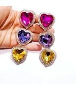 Colorful Rhinestone Heart, CLIP ON Earrings, Oversized Chandelier Earrin... - £47.42 GBP