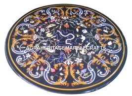 Black Marble Dining Table Top Rare Gems Pietradura Inlay Occasion Decorate H2901 - £641.52 GBP+