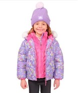 Snozu Boys Girls Jacket Purple Pink Hearts Puffer Hat Pockets Inner Bib - $834.40 MXN