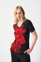 Joseph Ribkoff Black/Red Two-Tone Floral Print Shirred Sleeve Top 241138 - £58.84 GBP