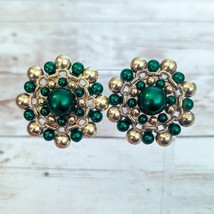 Vintage Clip On Earrings Extra Large Statement Green &amp; Gold Tone - $14.99