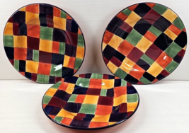 3 Tabletops Unlimited Caracas Dinner Plates Set Multicolor Plaid Round Dish Lot - £36.66 GBP