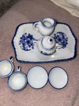Blue &amp; White Delft-like Toy Tea Set w Flowers, vintage - $9.89