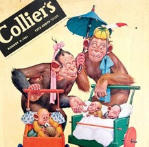 Collier&#39;s Monkeys Baby Stroller 1941 Lithograph Magazine Cover Antique A... - £47.84 GBP