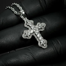 2.50Ct Round Simulated Moissanite Cross Pendant 14k White Gold Plated 18&quot; Chain - £85.49 GBP
