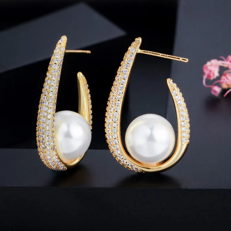 Unique Trendy Micro Pave Cubic Zirconia U Shape Yellow Gold Color Big Pearl Hoop - $25.16