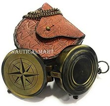 Antique Brass Compass Nautical Pocket Compass Leather Case Vintage Camping - £22.94 GBP
