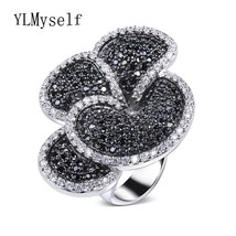 Great Product Flower Big Ring Pave AAA Jet And Clear Cubic Zirconia Stones Large - £22.28 GBP