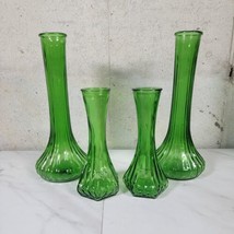 Vintage Hoosier Glass Emerald Green Swirl Flower Bud Vase Lot of 4 - £30.65 GBP