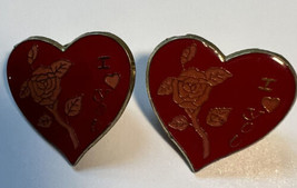 Jewelry Pin/Costume Red Hearts Rose &quot;I love you&quot; Gold Tone Push Closure ... - £4.66 GBP