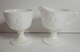 Milk Glass Stemmed Cream &amp; Sugar Indiana Harvest Grape Pattern Vintage - £8.82 GBP