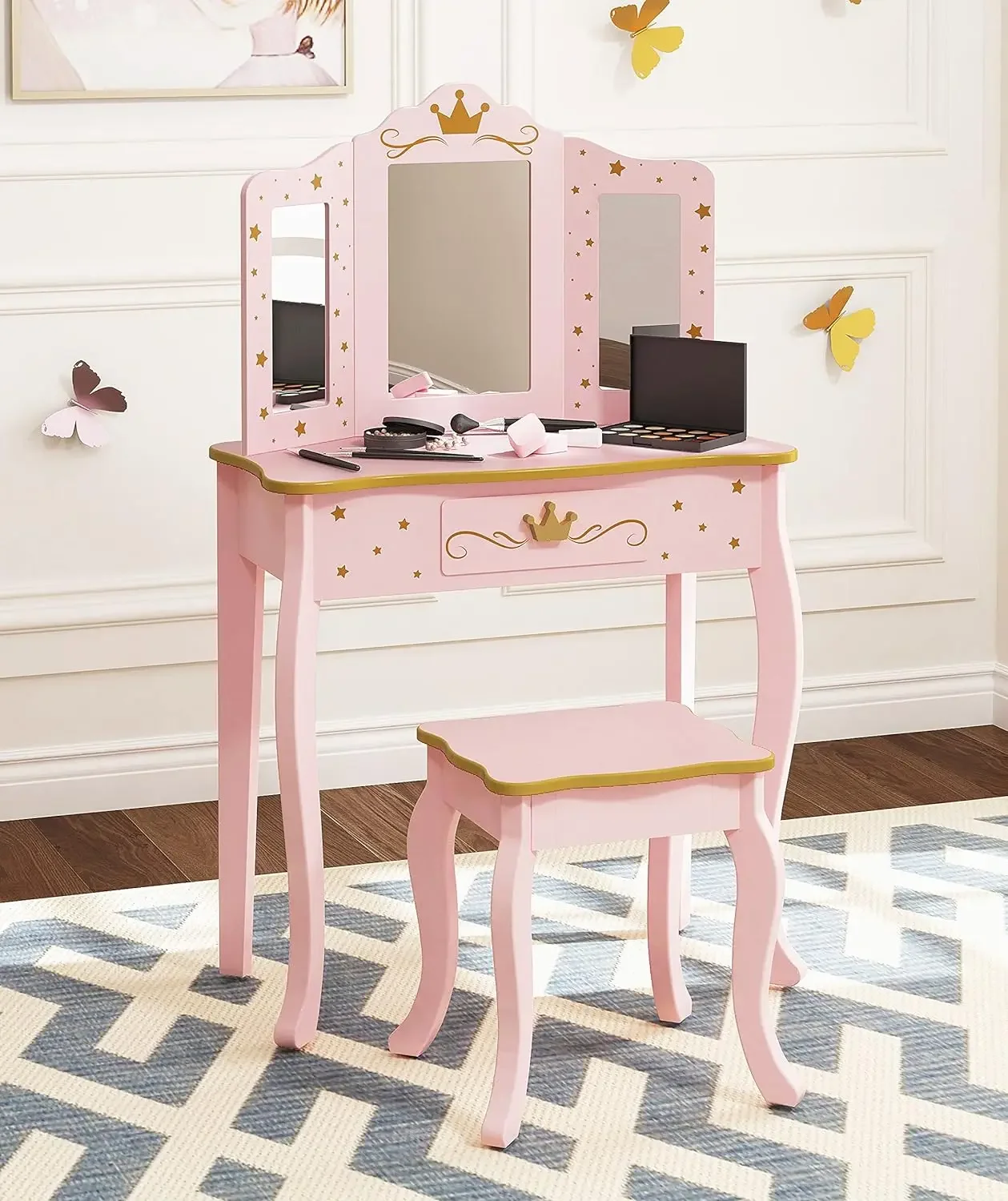 Kids Vanity Set with Mirror and Stool, Kids Make Up Vanity Desk with Mirrror for - £308.58 GBP