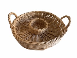 Vintage  Chip Dip Serving Basket Straw Wicker Round Tray Boho handles 11 1/2&quot; - £13.99 GBP