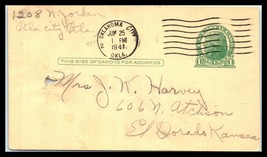 1941 US Postal Card - Oklahoma City, Ok to El Dorado, Kansas U1 - £2.31 GBP