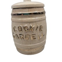 Cream Gold Cookie Barrel Jar Canister Ceramic USA 60s 70s MCM Whiskey Barrel Vtg - £10.38 GBP