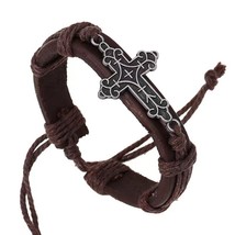 Vintage Cross Pendant Brown Leather Bracelet Wristband Bangle For Men Women - £8.69 GBP