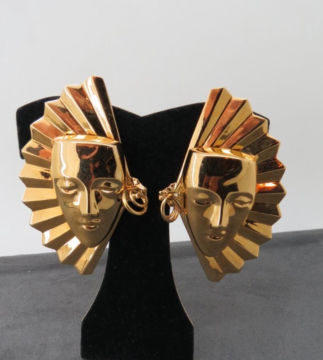 Hugh Kirks Folly Lady Face Mask Earrings Clip On Gold Tone 3" High Fan Detail - $75.00