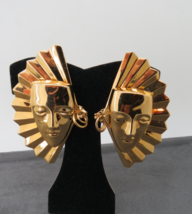 Hugh Kirks Folly Lady Face Mask Earrings Clip On Gold Tone 3&quot; High Fan Detail - £59.43 GBP