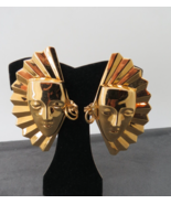 Hugh Kirks Folly Lady Face Mask Earrings Clip On Gold Tone 3&quot; High Fan D... - $102.57 CAD