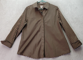 Chico&#39;s Dress Shirt Womens 12/14 Black Brown Striped Cotton Collared Button Down - £16.80 GBP