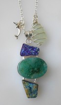 Necklace with Genuine Sea Glass, Blue &amp; Green Raw Druzy Crystals, Dolphin, Moon - £20.17 GBP