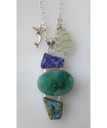 Necklace with Genuine Sea Glass, Blue &amp; Green Raw Druzy Crystals, Dolphi... - £21.18 GBP