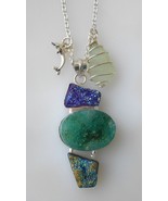 Necklace with Genuine Sea Glass, Blue &amp; Green Raw Druzy Crystals, Dolphi... - £20.28 GBP