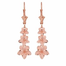 14k Solid Rose Gold Elegant Plumeria Flower Dangle Leverback Earrings - £201.34 GBP