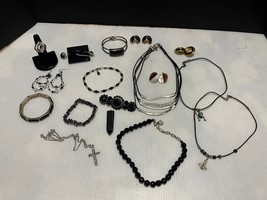 Vintage Mod Black and Silver Tone Jewelry 17pc Lot W Designer Mixed Mate... - $23.75
