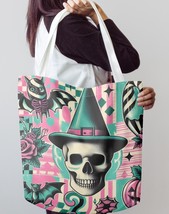 Halloween Aesthetic Canvas Tote Bag | Skull Witch Hat Bat Rose Tote Design - $620.75 MXN