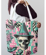 Halloween Aesthetic Canvas Tote Bag | Skull Witch Hat Bat Rose Tote Design - $33.00