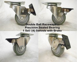 3&quot; x 1-1/4&quot; Swivel Caster (4) w/Polyurethane Wheel Brake Precision Brgs ... - £25.60 GBP