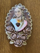 Vintage Mich Comp 1961 Marked Chalkware Sacred Heart JESUS on Brown Rose Plaque - £15.49 GBP