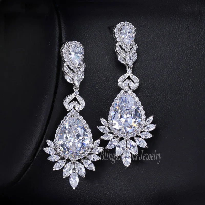 Luxury Royal Blue Water Drop CZ Crystal Women Wedding Jewelry Long Bridal Earrin - £19.86 GBP