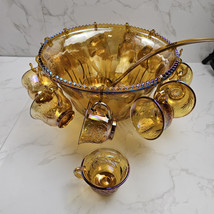 Indiana Carnival Glass Iridescent Amber Gold Harvest Grape Punch Bowl &amp; 12 Cups - £44.36 GBP