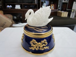 Teleflora Ceramic Cobalt Blue &amp; Gold Wind-Up Music Trinket Box with Swan Lid - £22.14 GBP