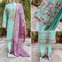 Pakistani Sea Green  3Pcs Fancy Chiffon Dress with embroidery &amp; Squins work,XL - £89.53 GBP