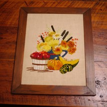 Vintage 1970s Flower Fruit Basket Flowers Hand Embroidery Crewel Framed Art - $39.59