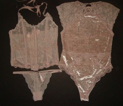Victoria&#39;s Secret Unlined 36DD Bra Set+L Corset+Teddy Lace Pink Velour Velvet - £158.75 GBP
